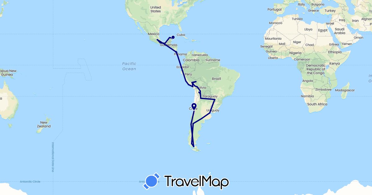 TravelMap itinerary: driving in Argentina, Bolivia, Chile, Costa Rica, Mexico, Peru (North America, South America)